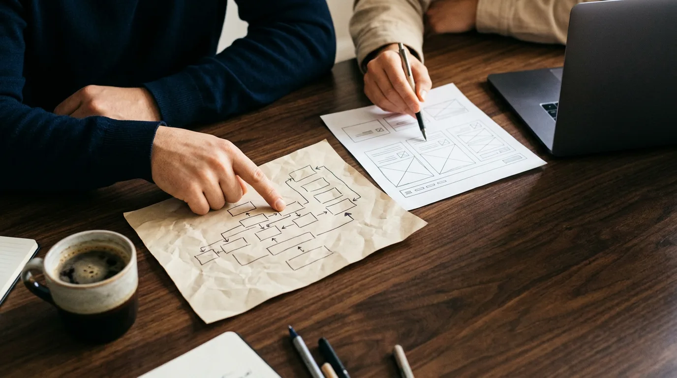 Website wireframes being reviewed at a studio table